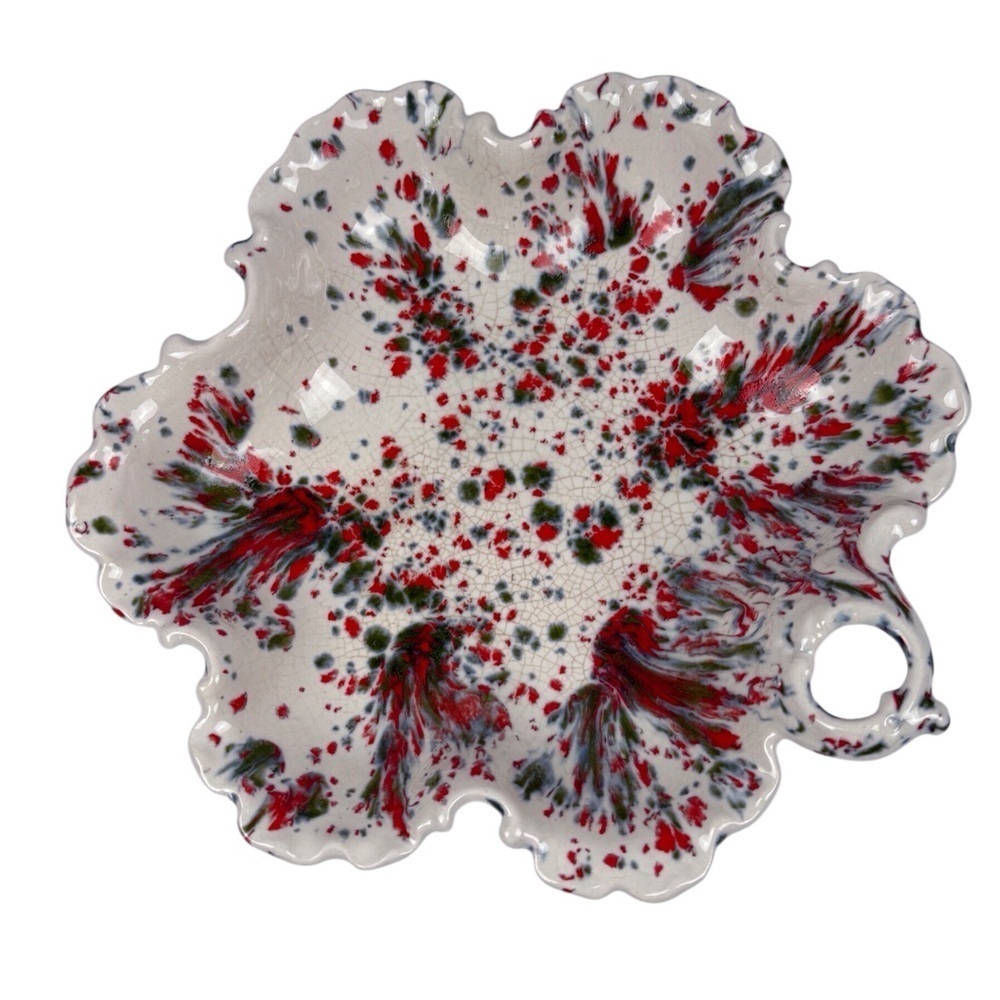 Vintage Retro Handmade Christmas Splatter Ceramic Dish/Bowl Red/Green EUC